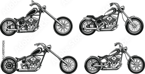 Set of vintage custom chopper motorcycles vector illustrations, classic hand drawn motorbike silhouettes, retro engine designs for biker apparel and garage posters