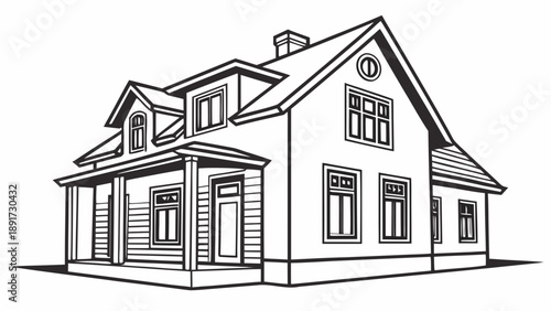 Traditional American two-story residential house design is depicted as a detailed black and white architectural outline drawing.