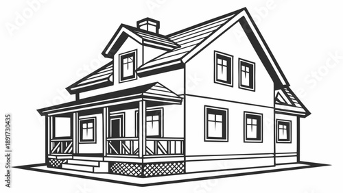 A detailed architectural rendering depicts the side view of a suburban two-story dwelling featuring multiple dormer windows and a.