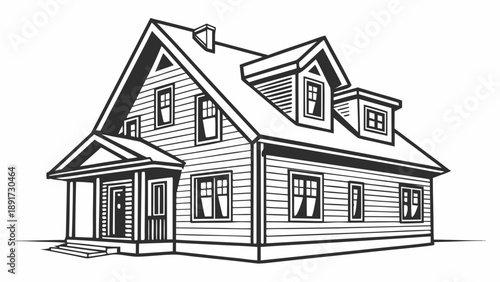 Detailed line drawing illustrates a classic two-story American farmhouse exterior viewed from a three-quarter angle.
