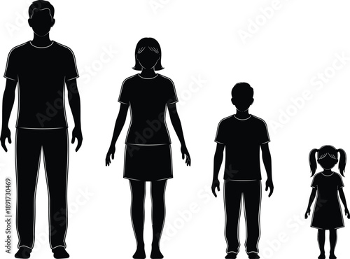 Silhouette Family Height Comparison Parents Children Growth Generation People Standing Isolated Minimal Vector Illustration