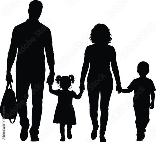 Silhouette Family Walking Parents Children Together Love Care Support Relationship People Isolated Minimal Vector Illustration