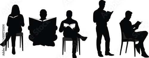 Silhouette People Reading Education Learning Knowledge Study Library Student Literacy Isolated Minimal Black White Vector Illustration