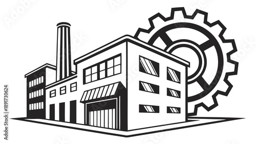 Factory building silhouette featuring a tall smokestack and large gear symbol representing industrial production and commerce.