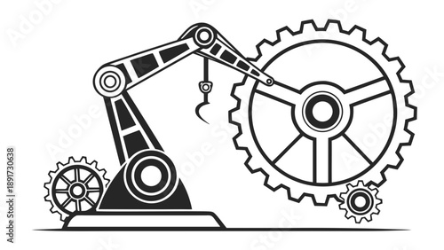 Industrial robotic arm holding a large gear mechanism while smaller components are situated nearby on a white background.