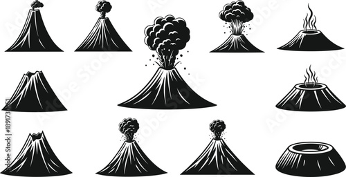 Set of vintage volcano eruption vector illustrations, black and white mountain smoke silhouettes, retro nature disaster icons for outdoors adventure and science