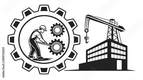 Construction worker in hard hat adjusts interlocking gears next to a large factory building with a prominent overhead crane.