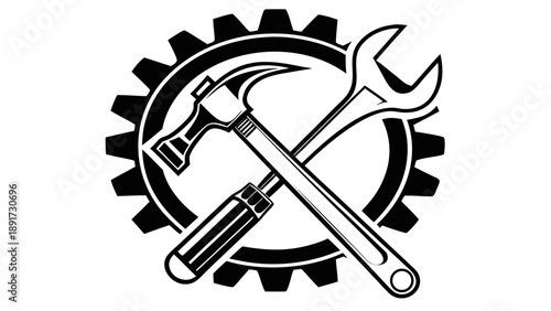 A robust circular gear emblem featuring a crossed hammer, adjustable wrench, and screwdriver for industrial support services.
