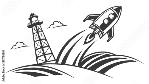 Retro rocket launch ascends dramatically past a tall navigational lighthouse structure over stylized rolling terrain.