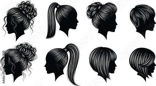 Set of woman head silhouette vector illustrations with various hairstyles, elegant female profiles with ponytail, bun, and short haircuts for beauty