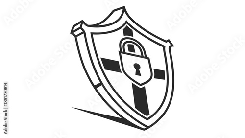 A stylized shield icon prominently displays a secured padlock centered over a Christian cross motif for faith protection.