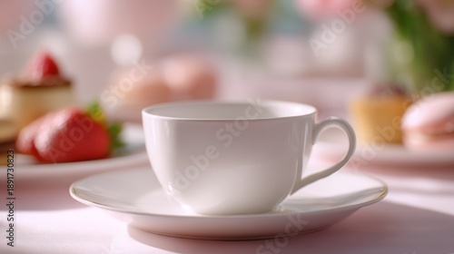 Wallpaper Mural A delicate white teacup rests on a saucer. The soft pastel background complements the elegant style of this image. Perfect for tea time themes or dessert presentations. AI Torontodigital.ca