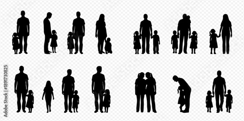 Set of diverse family silhouettes: parents and children walking, standing, and interacting, representing various family structures and moments.