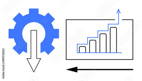 Business concept. Business process optimization through a gear and downward arrow, combined with a graph for data-driven growth. Business, data analysis, marketing, teamwork, performance