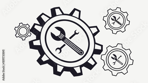 A large central gear containing a crossed wrench and spanner is surrounded by three smaller mechanical cogs in a simple design.