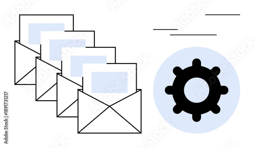 Email communication. Illustration with envelopes email usage and a gear icon for automation. Email communication facilitates messaging, organizational tools, and workflow automation. Suitable