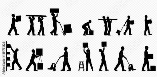 Set of black silhouettes of people carrying boxes and other items, representing various lifting and moving actions.