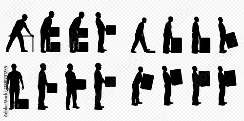 Silhouette set of people demonstrating correct and incorrect lifting techniques for boxes, emphasizing safety and ergonomics.