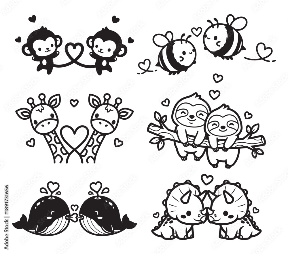 Obraz premium Cute love couples doodle icons set black outline vector illustration isolated on white background, Adorable romantic cartoon characters with hearts art vector illustration isolated on white background