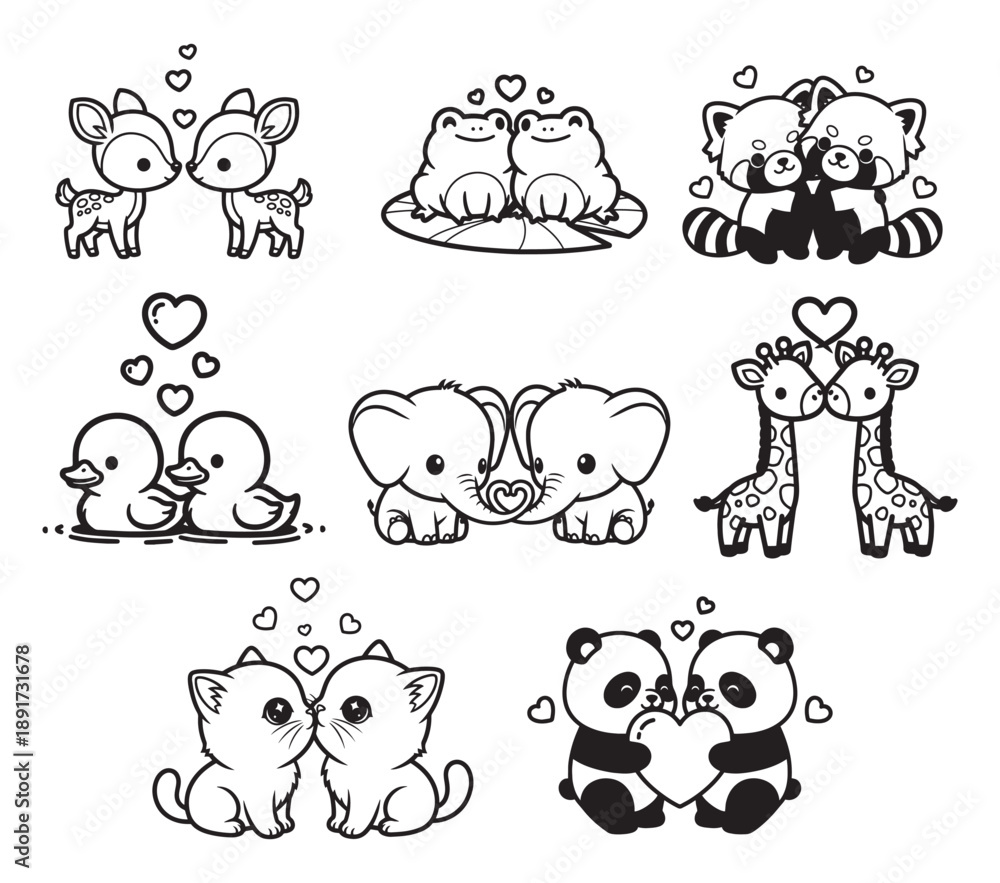Obraz premium Cute love couples doodle icons set black outline vector illustration isolated on white background, Adorable romantic cartoon couples with hearts vector illustration isolated on white background