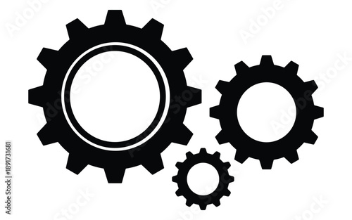 Black gear settings icon set with three cogwheels showing system configuration and mechanical process symbols