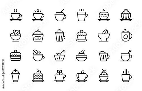 Coffee Tea and Dessert Line Icon Set Minimal Outline Vector Illustration