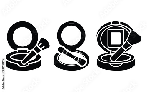 Black makeup compact and brush icon set showing closed, open, and mirror cosmetic cases silhouettes