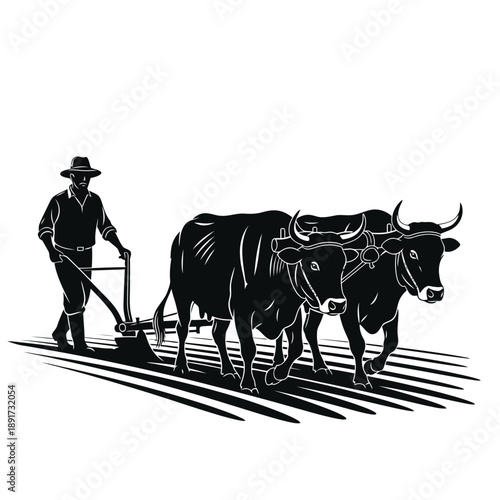 Farmer Plowing Field Silhouette Vector