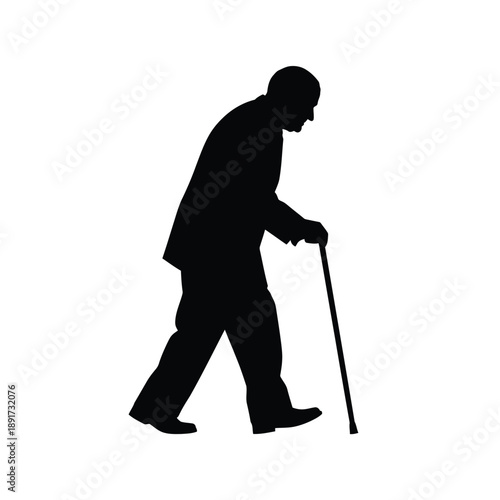 Elder Walking with Walking Stick Silhouette Vector