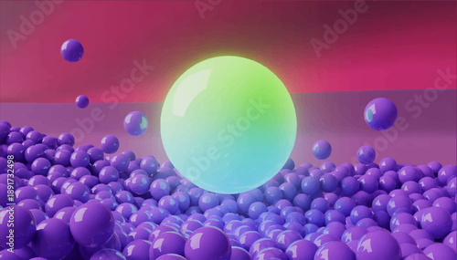 Vector 3D illustration of a glass light green matte sphere standing on a plane with many small purple spheres.
