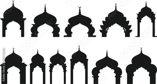 Set of mosque dome and archway silhouettes vector collection. Islamic architecture design elements and symbols for Ramadan decoration.
