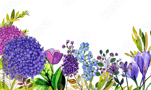 Cornice primaverile con foglie  e fiori viola e lilla. Illustrazione ad acquerello isolata