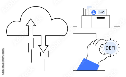 Cloud data sharing concept. Cloud technology, digital identity storage, and decentralized finance solutions are highlighted. Cloud computing simplifies access to DeFi and secure data management in