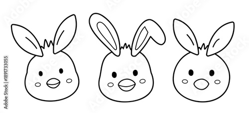 Baby chick face easter coloring book illustration.
Chicks decorated with rabbit ears outline.
Cute chick head coloring page template set.
Transparent Background. SVG.