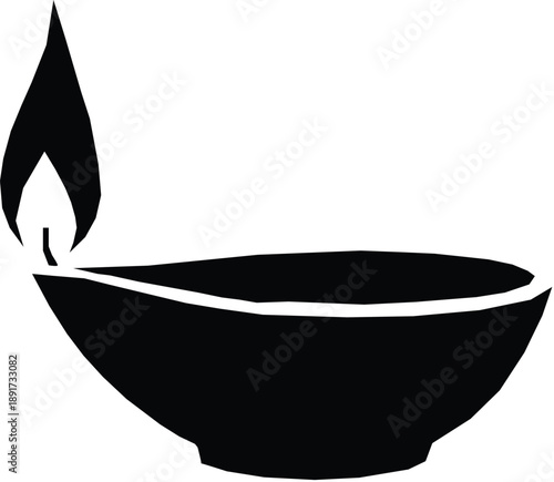 Simple black silhouette of a traditional oil lamp with a flickering flame on a white background. oil lamp silhouette vector illustration.
