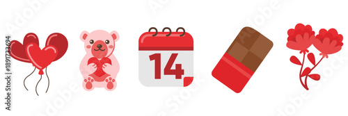 Valentine’s Day icon set with heart balloons, cute teddy bear holding heart, calendar date 14, chocolate bar, and red flowers, romantic love symbols in flat cartoon style isolated on white