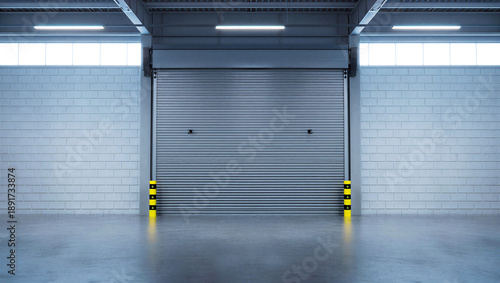 Large industrial garage door in a warehouse with gray brick walls and concrete floor  industrial storage facility interior