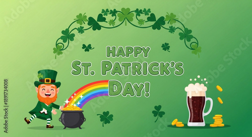 St patrick's day celebration with leprechaun rainbow and beer