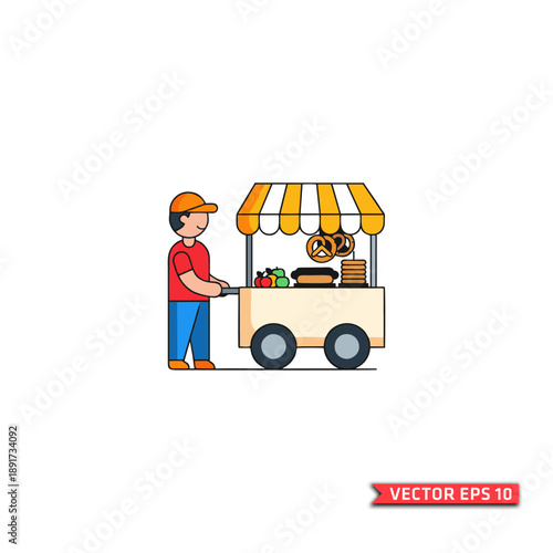 Vector illustration of a street food vendor pushing a wheeled cart with a striped awning and selling snacks, shown in a clean, colorful flat design style