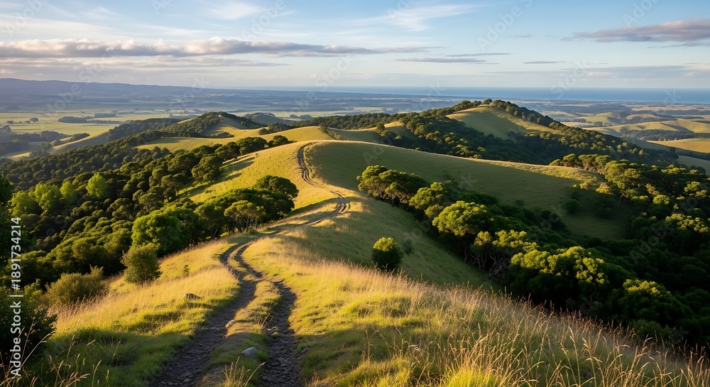 Obraz premium Rural Landscape with Rolling Hills and Trees.