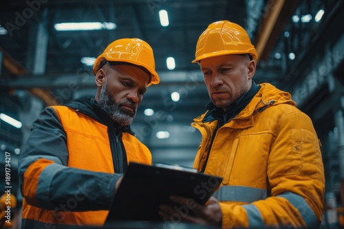 Two factory workers collaborate on safety procedures while reviewing a checklist in a production facility during daylight hours