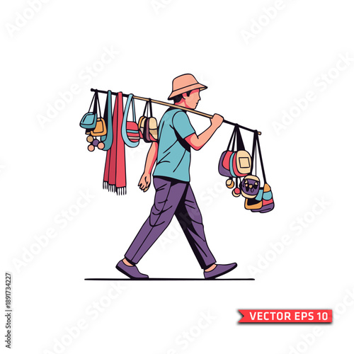 Vector illustration of a street vendor walking while carrying a pole with hanging bags and accessories, depicted in a clean, colorful flat design style
