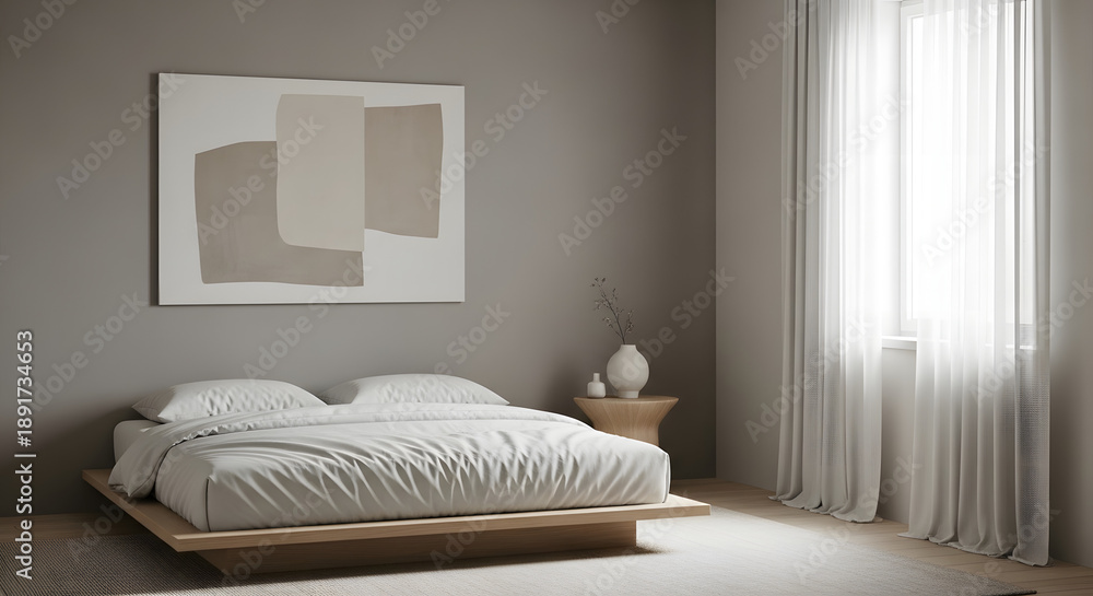 Fototapeta premium A serene and modern bedroom with a minimalist bed and a large window