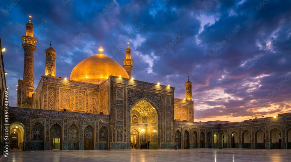 Naklejka premium Golden Dome of Al-Askari Shrine at Sunset, Stunning Islamic Architecture and Blue Tilework in Samarra Iraq with Dramatic Evening Sky