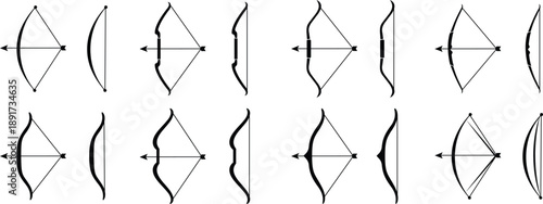Bow icons collection and group of archery weapons isolated on transparent background, flat black vector illustration of ancient hunting bow symbols for design