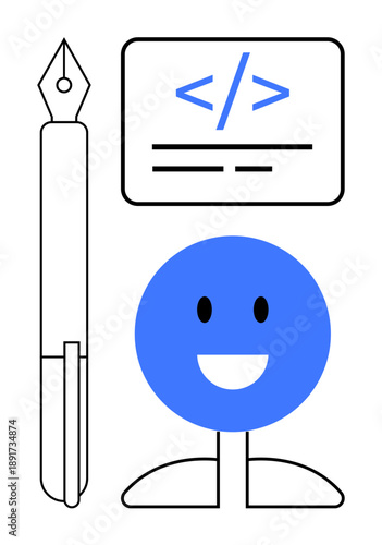 Web development, coding tutorials, education, creativity, innovation, digital tools. Code snippet, smiling face and fountain pen in minimal design. Web development and coding tutorials concept
