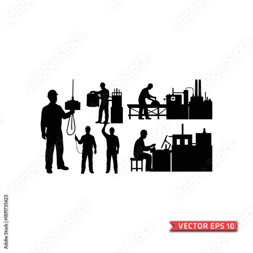 A black silhouette illustration depicting multiple industrial workers operating machines and supervising production inside a factory environment, shown in flat vector EPS10 style.