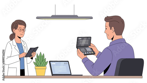 A doctor explaining medical information on a tablet to a patient in a modern office setting from a side viewpoint