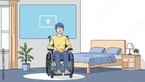 A man in a wheelchair is positioned centrally in a modern bedroom with a bed and nightstand, viewed from a slight angle.