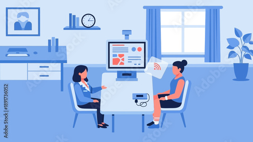 Two women discussing business on computer in office environment from slightly elevated viewpoint